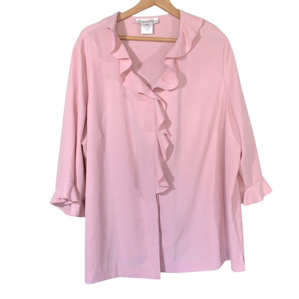 Silhouettes Powder Pink Ruffle‎ V Neck Button Up Blouse Plus Size 22W